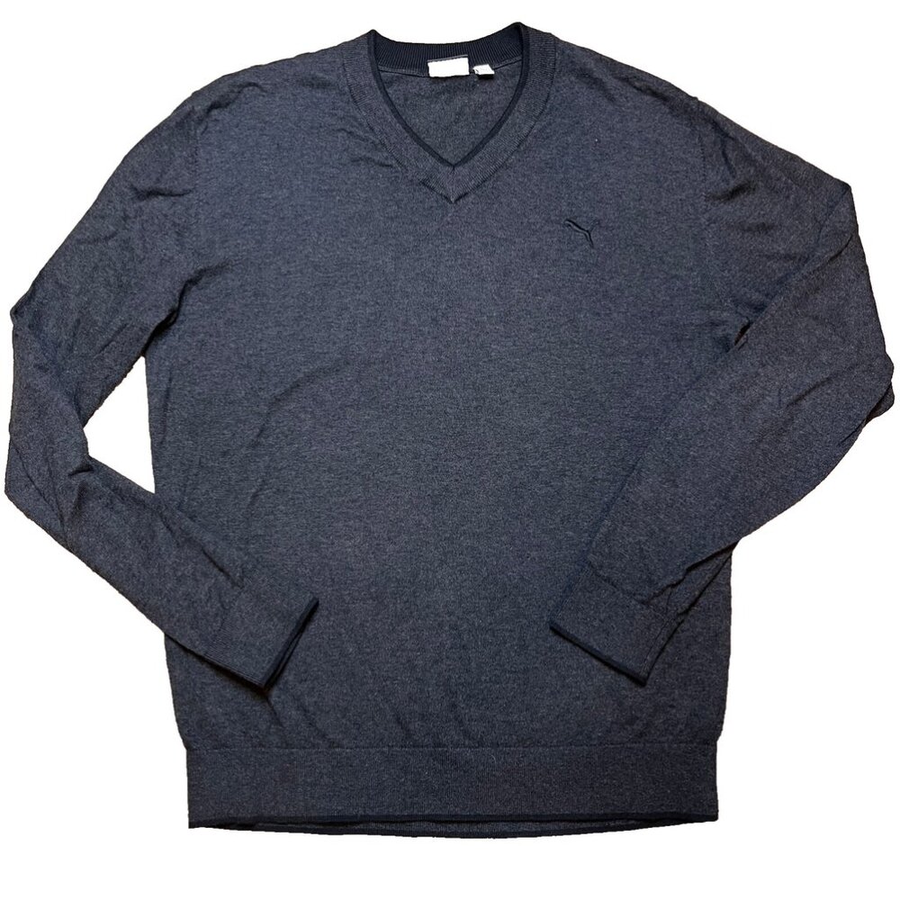 Puma Gray Cotton Cashmere Golf V-neck Sweater Mens SZ M Sport Dressy Lightweight